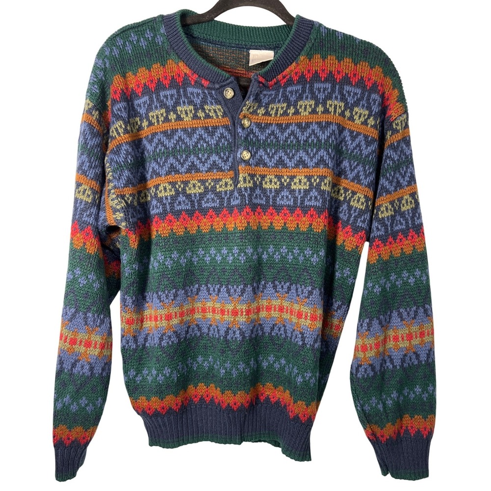 Vintage Retro Multicolor Geometric Blue Orange Green Mens Knit Crewneck Sweater